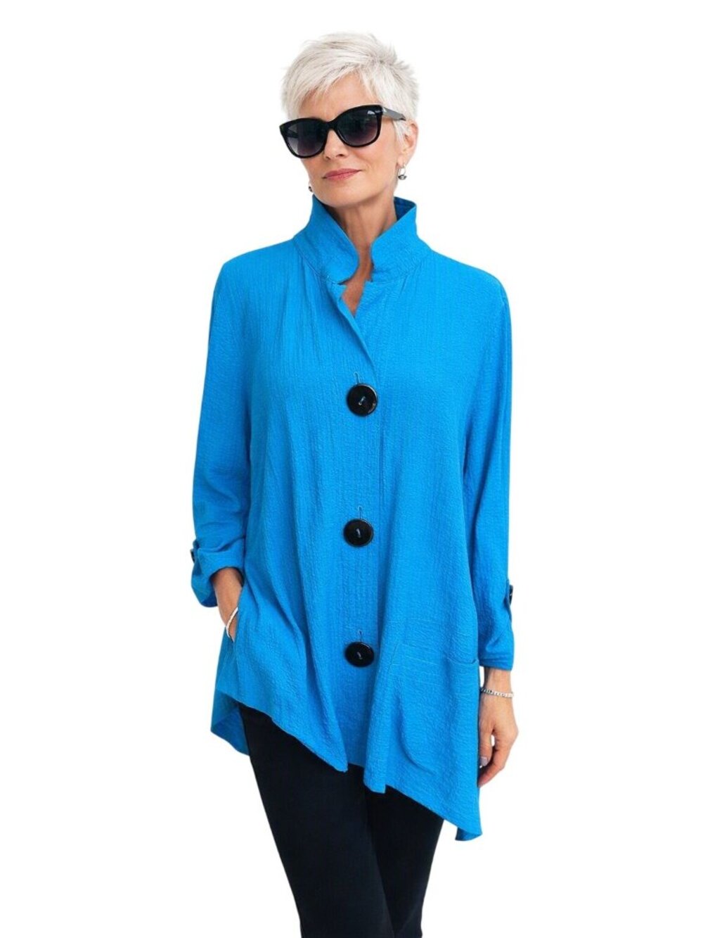 Ali Miles Blue Textured Button-Up Tunic Top Shacket Black Buttons Artsy Women M